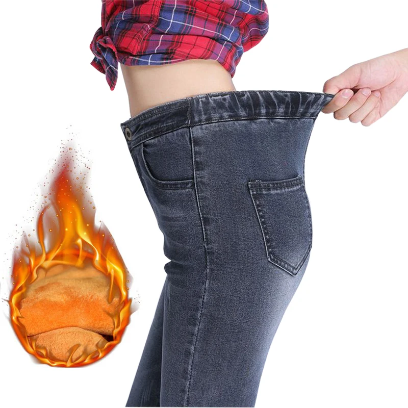 

Plus Size 5XL 4XL Ultra-soft Warm Jeans women Winter Elastic High Waist Jeans Thicken Skinny Fleece Denim pants Large Trousers