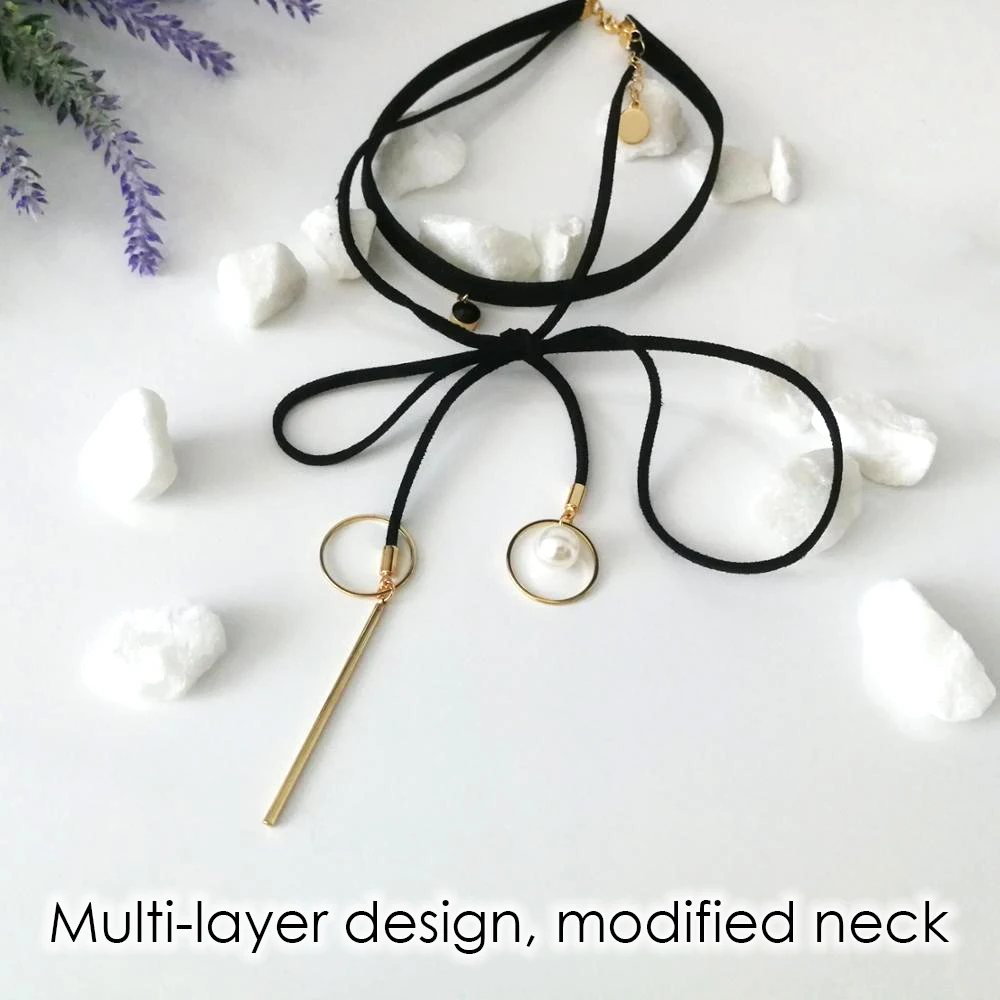eManco Necklaces for Women Fashion Collar Pearl Pure Black Leather Bowknot Choker Necklace False Collar Party Neck Sexy Jewelry