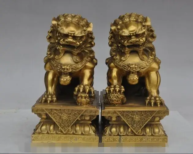 

S01355 9"china chinese fengshui bronze copper lotus foo dog lion beast ball statue pair