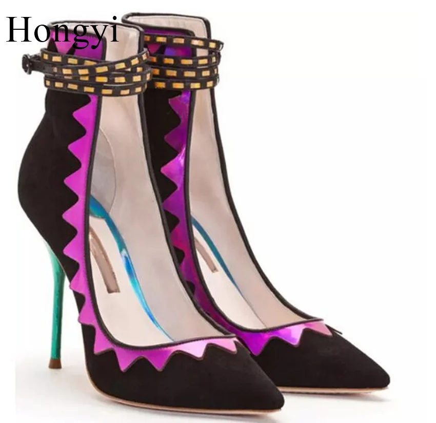 

Hongyi Women nice Scalloped applique multicolor high cut dress shoes pointed toe high heel buckle fastening ankle strap pumps