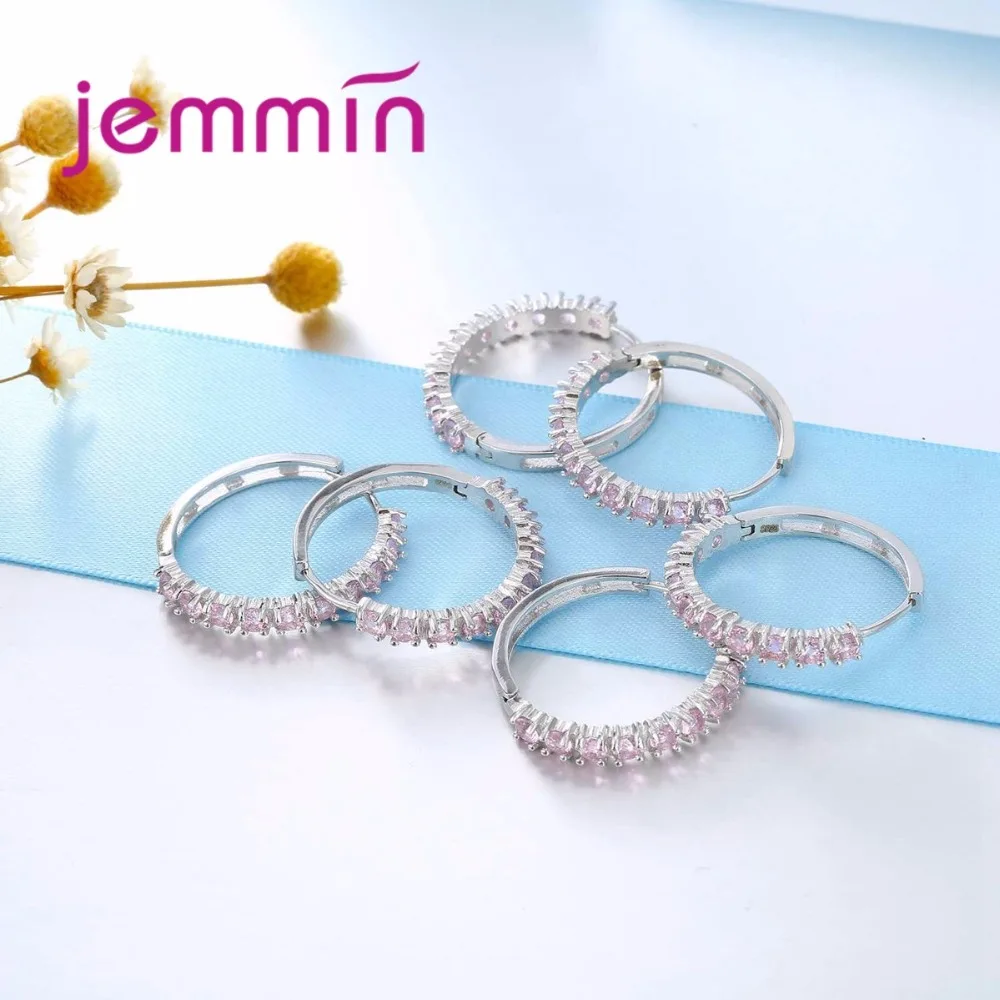 Роскошные серебряные серьги-кольца 925 пробы, инкрустация розовыми кристаллами, модные блестящие женские свадебные серьги