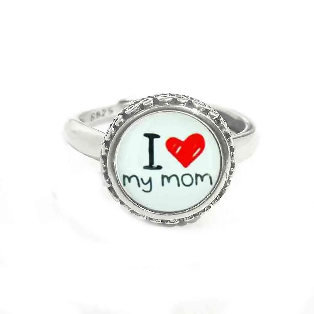 Кольцо из серебра 925 пробы с кабошоном I love my mom|Кольца| |