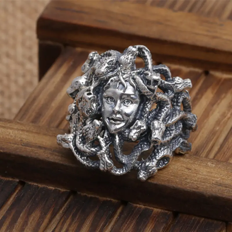 

Gothic Thai Silver 925 Medusa Snake Head Rings For Men 100% 925 Sterling Silver Mens Jewelry Punk Style Thick Band Free Ring Box