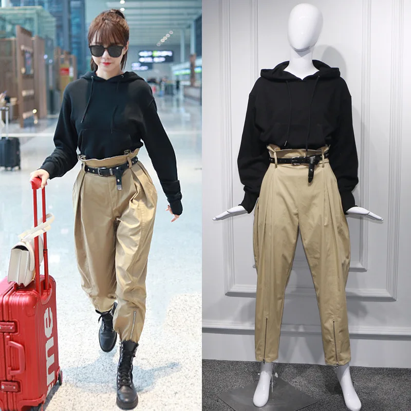 

Spring Star Shen Mengchen Airport BF Fashion Girl with Kaki-colored High-waist Leisure Workwear Pants Ankle-Length Pants Women