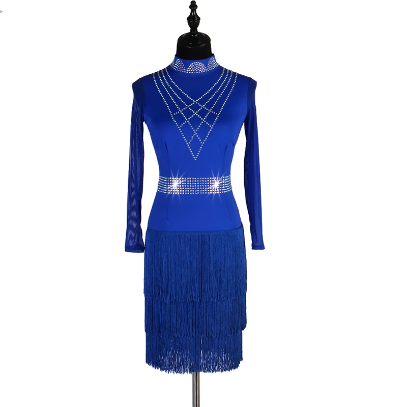 

New Latin Dance Costume Shiny Long Sleeve Blue Fringe Dress For Women Latin Competition Dress Rumba Performance Costume DQL1251