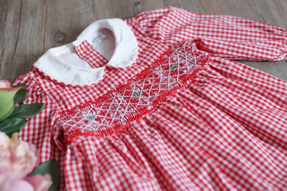 Toddler birthday dress long sleeve Peter pan color smocking cherry pattern toddler girls dress baby birthday outfits