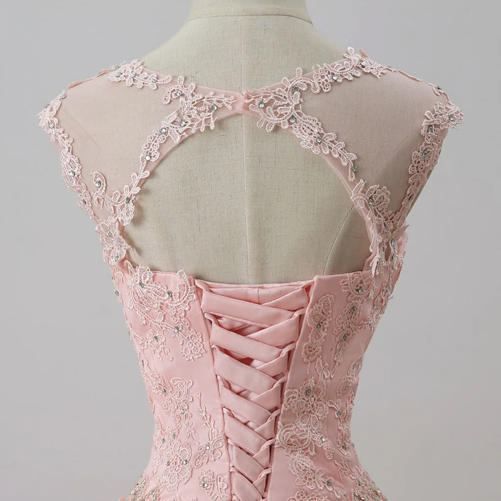 Quinceanera Dress Debutante Gown Party Gown ANGELSBRIDEP Sweet 16 Pink Sheer Neck Applique Hollow Back Sexy