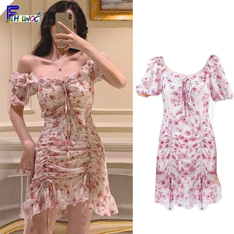 Comprar Sexy Mini vestidos de Venta caliente mujer moda verano fuera del hombro pajarita lindo volantes drapeado Corea Japón Club vestido Sexy 7524