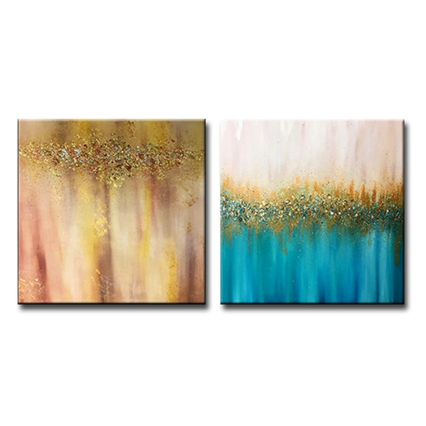 Myt 2 Panels Canvas Wall Art Modern Handmade Gold Oil Painting