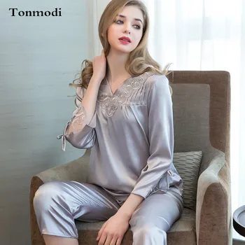 

Women's pajamas Autumn Long Sleeve Silk Sleepwear Lace Trousers Pyjamas Women Sleep Lounge Pajama Set