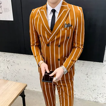 

Slim Fit Suits 2 Piece Mens Suits Wedding Groom Suit Ternos Masculinos Tunic Suits Latest Coat Pant Designs Retro Stripe 2019