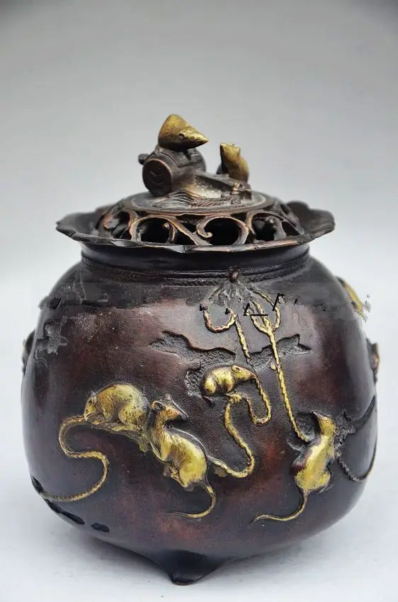 

14 cm * / VINTAGE CHINESE COPPER GILT HANDWORK CARVED MOUSE INCENSE BURNER