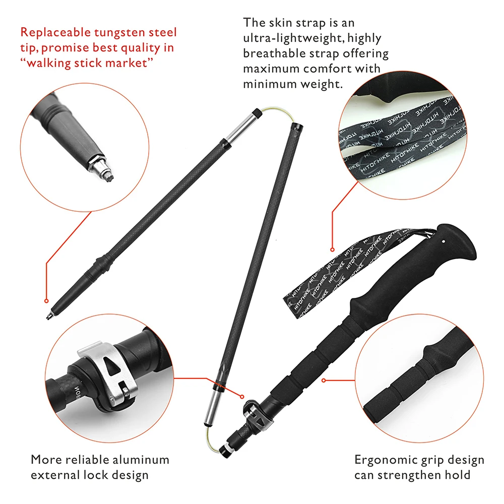 Hitorhike 1 пара 5-секционный углеродного волокна трость Сверхлегкий складной регулируемый со внутренним, вращающимся затвором 36-135 см 205 г товар