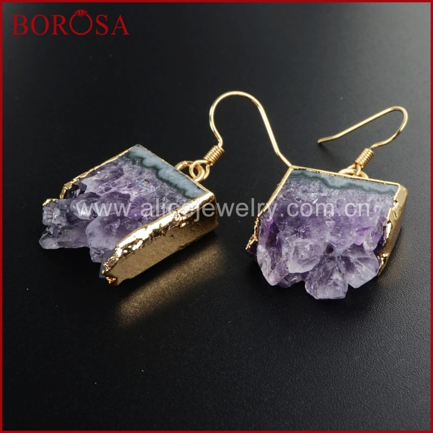 BOROSA Drusy Висячие серьги для женщин золотой цвет Натуральный Необработанный Фиолетовый Кристалл Друза кусочек натуральные аметисты висячие серьги WX014