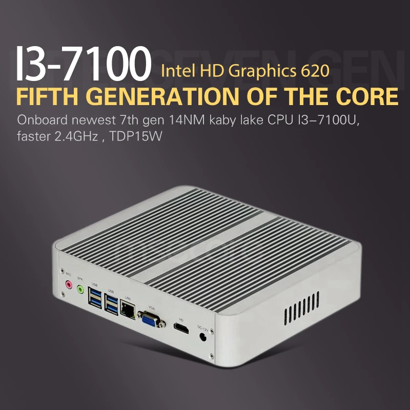 Fanless Intel Core I3 7100U Mini PC Windows 10 Desktop Computer NUC barebone system Nettop Kabylake