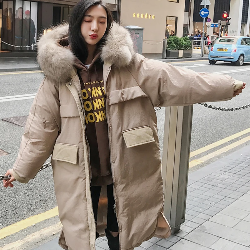 30 Degree Women Winter Coat Thick Warm Ladies Down Jacket Parkas Duck Cotton Large Real Fur Collar Long Female Overcoat