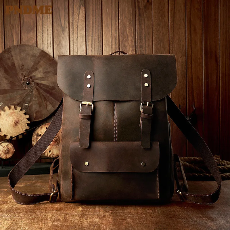 

PNDME simple crazy horse leather men's backpack casual retro designer handmade high quality genuine leather large bookbag 2019