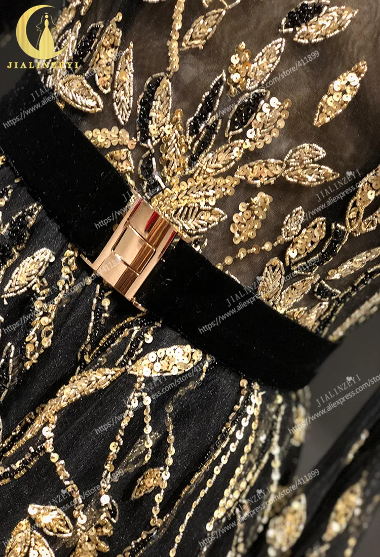 JIALINZEYI реальные фото новые черный с высоким воротом одежда с длинным рукавом с золотым бисером тюль Velevt платья для выпускного вечера Платья для вечеринок
