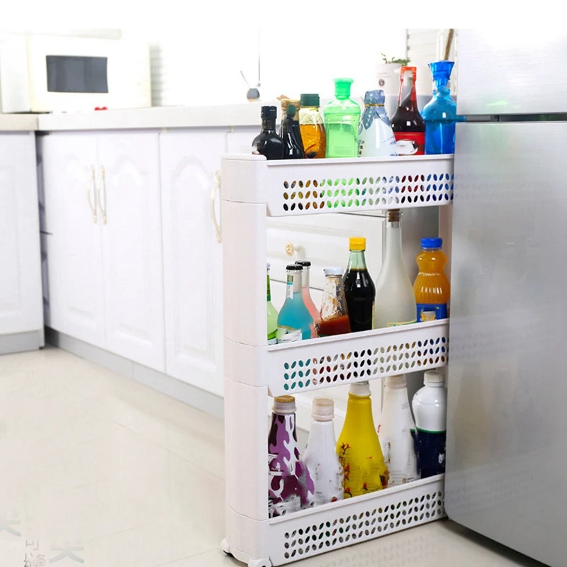 

1/pcs Gap 3 layers Kitchen Storage Rack Shelf Slim Slide Tower Movable Assemble Plastic Bathroom Shelf Wheels Space High Quality