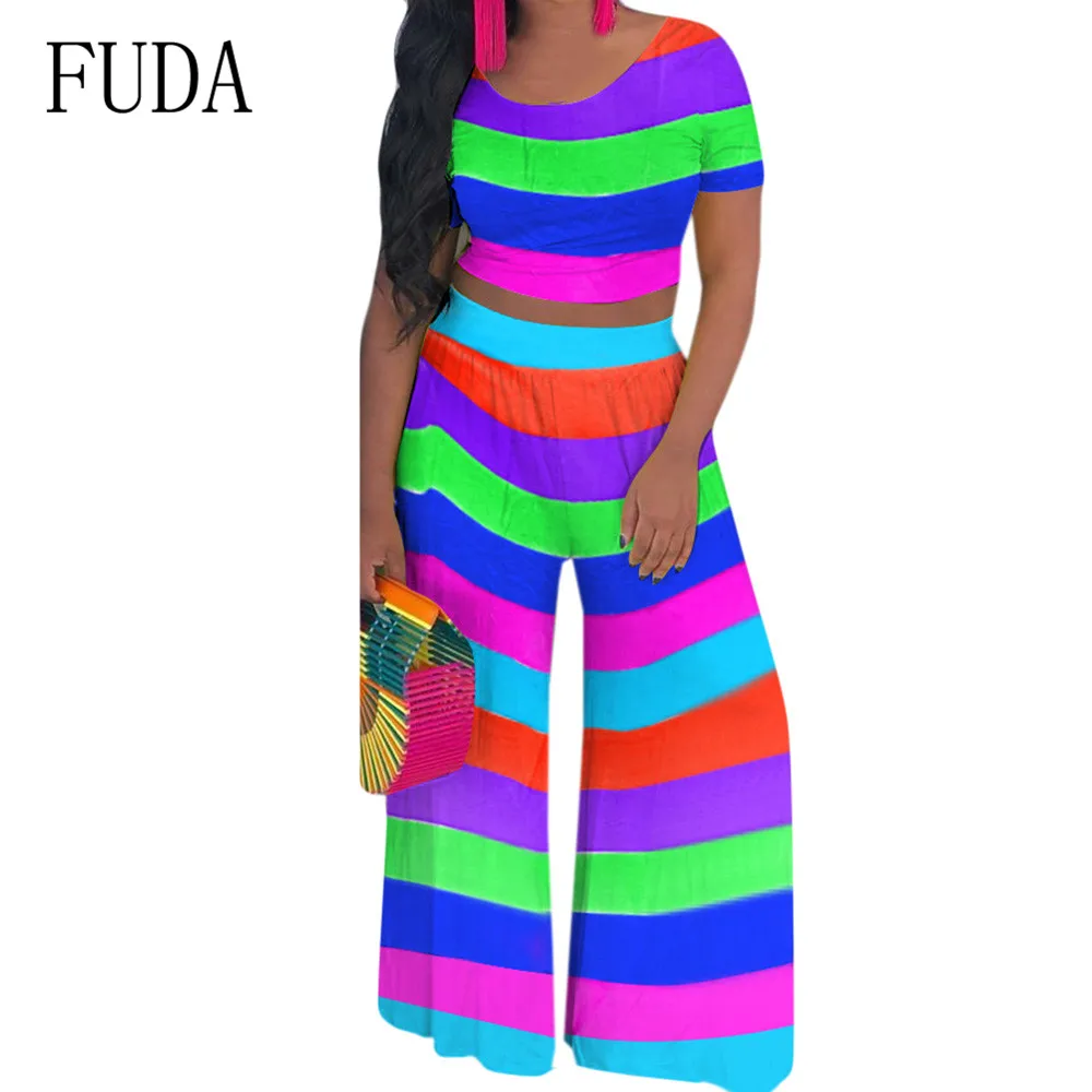 FUDA Two Pieces Sets Striped Wide Leg Jumpsuits Elegant O-neck Short Sleeve Top and Loose Pants Women Summer Casual Bodysuits FUDA Two Pieces Sets Striped Wide Leg Jumpsuits Elegant O-neck Short Sleeve Top and Loose Pants Women Summer Casual Bodysuits