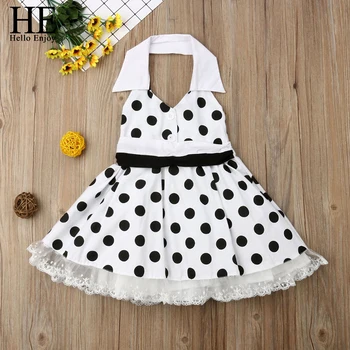 

HE Hello Enjoy Girls Clothing Sets Summer Fashion Kids Clothes Girls Polka Dot Lace Hanging Neck Dresses shirt collar 2 3 4 5 6Y