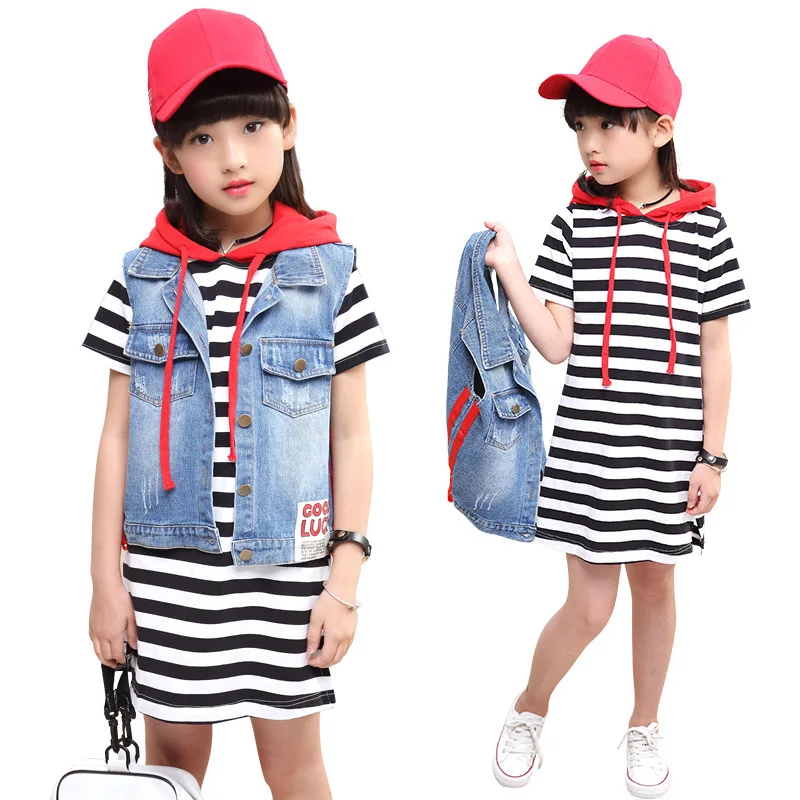 

Casual 2PC casual children's clothing baby suit suit summer striped girl shirt T blood + vest suit suit children's clothing