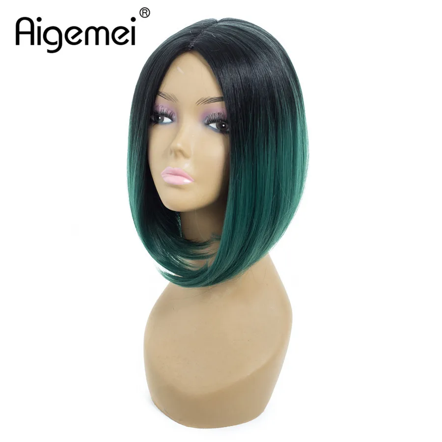 

Aigemei Two Tones Ombre Wig 12 Inch Short Straight Bob Synthetic Hair Wig for Women Kanekalon Bob Style
