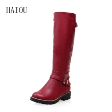 HAIOU 2016 Shoes Zipper Fashion Buckle Women Boots Women Riding Boots Round Toe Chunky Low Heel Motorcycle Boots Big Size 34-43