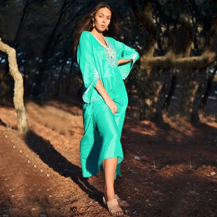 

Beach Robe Wrap Dress Swimwear Women Cover Up Bathrobe For The Separate Swimsuit New Cotton Green White Embroidered Skirt Animal
