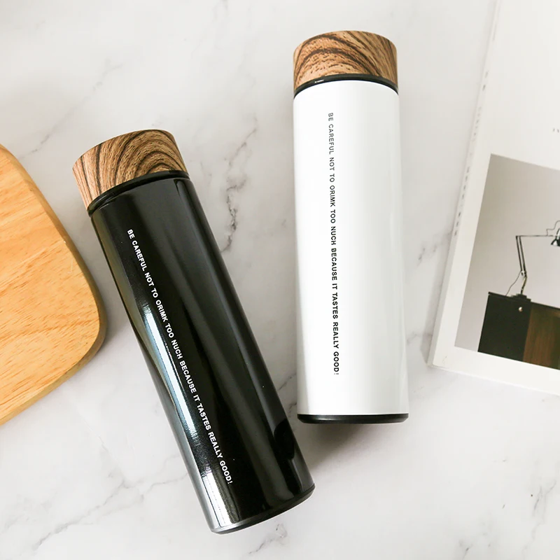 

European Simple Letter Stainless Steel Wood Cover Mug Thermo Cup Large Capacity Vacuum Cup With Tea Leak Portable Thermos Bottle