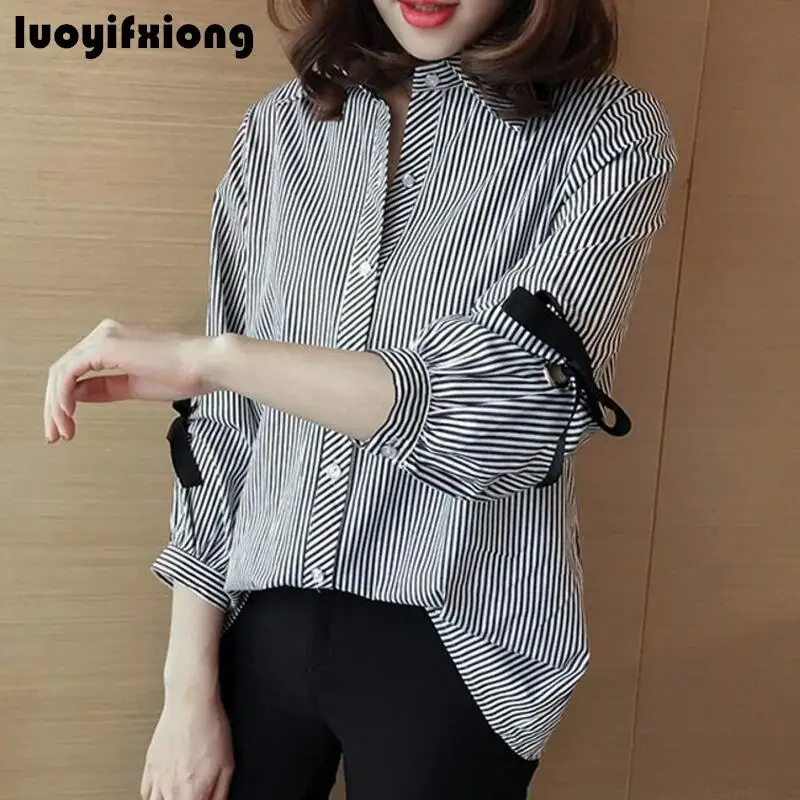 

Blusas Mujer De Moda 2019 Women Striped Blouse Kimono Lace Up Bow Loose Womens Tops and Blouses Work Plus Size 4XL Women Shirts