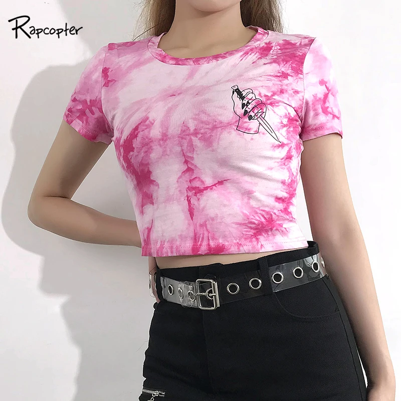 

Rapcopter Casual Printed Femme Pink Cute Crop Top T Shirt Korean Basic Ladies Tee Shirt Women Summer High Street Tshirt Top 2019