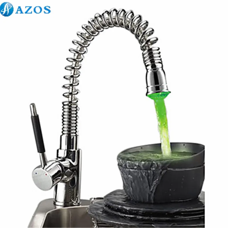 

Kitchen Sink Faucet Led Light Swivel Spring Hose Pull Out Down Spray Waterfall Chrome Polish Deck Mount Mixer Furniture CFLT092