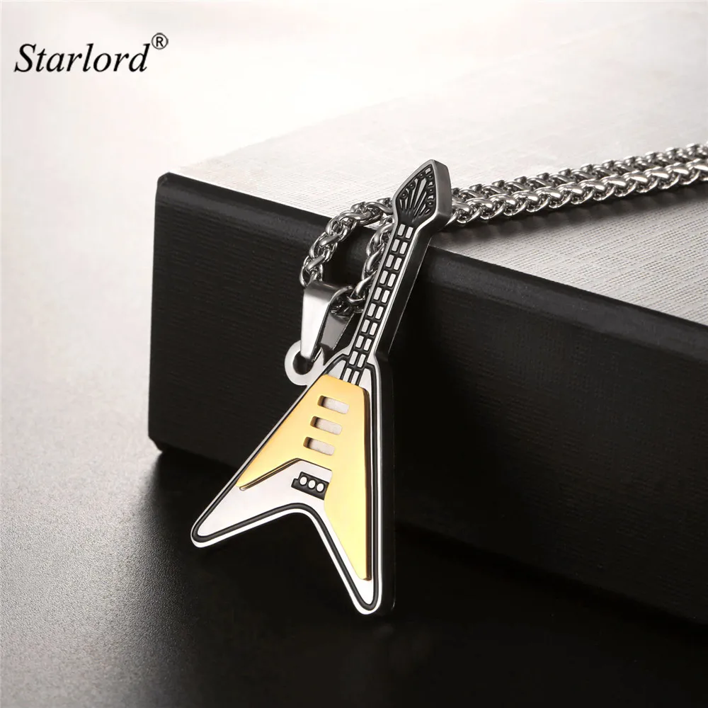 

Electric Guitar Pendants&Necklaces Two Tone Enamel Stainless Steel Necklace Chain For Men Punk Rock Music Necklace GP2533