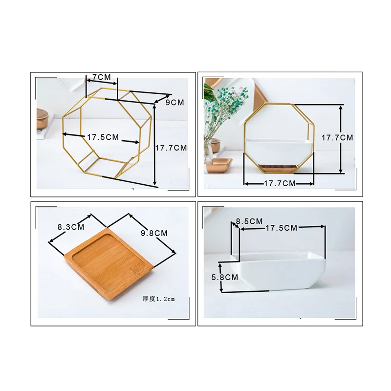 Геометрический металлический железный стеллаж белый керамический горшок восьмиугольный настенный подвесной горшок для суккулентов цветочный горшок бамбуковый поднос железная рама