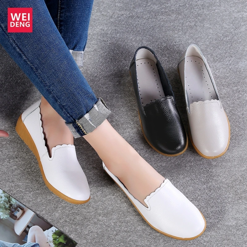 

WeiDeng Women Genuine Leather Leisure Shoes Retro Flat Slip On Breathable Soft Light Fashion Comfort Slender 3cm Heel Height