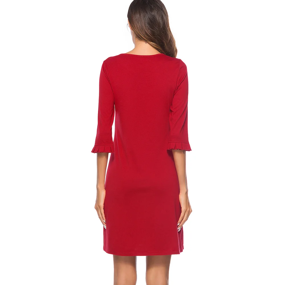 Хорошее-forever повседневное элегантное однотонное красное платье с круглым вырезом и рукавами 3/4 с покрытием для работы женское прямое Цельнокройное платье T028