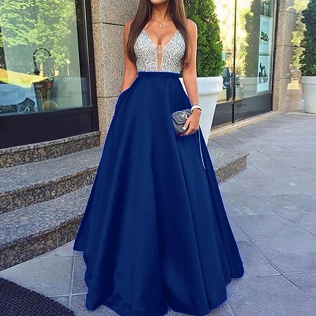 

2019 Hot Sales Women Sleeveless V Neck Ball Gown Dress Elegant Party Evening Slim Maxi Dressessummer dress for women