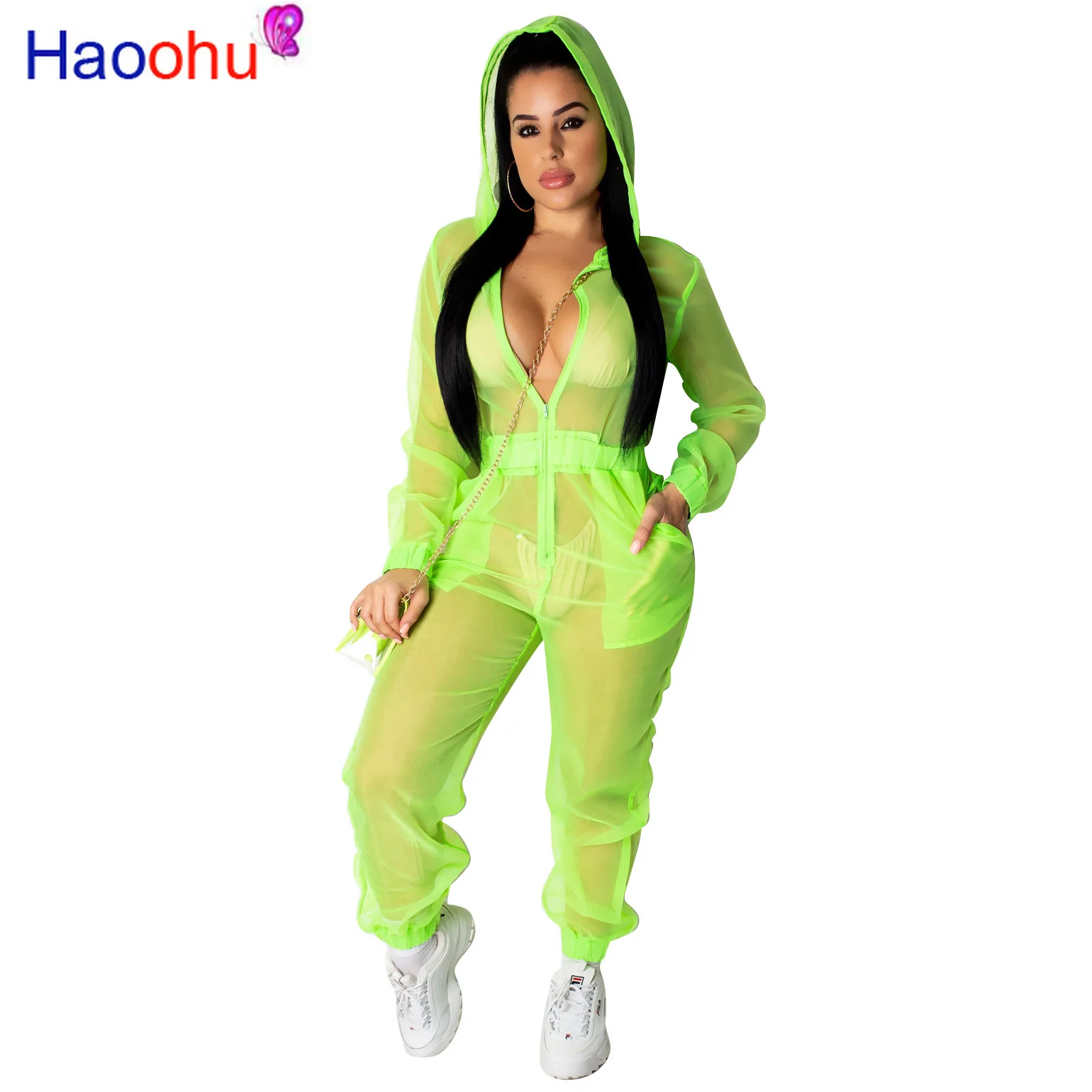 

HAOOHU Neon Green Mesh Sheer Sexy Rompers Womens Jumpsuit Streetwear Summer Overalls Long Sleeve Hooded Casual Loose Jumpsuit