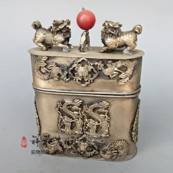 

China old Beijing old goods carvings Shuanglong silver Tobacco box