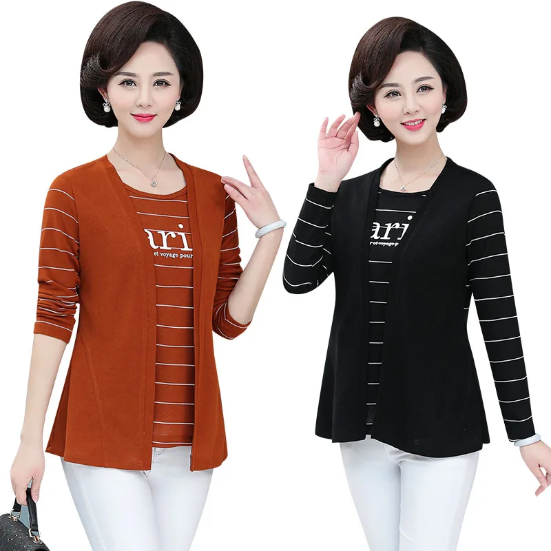 

Casual Slim Pullover Bottoming Shirt 2019 Autumn New Middle Age Women Long Sleeves Tshirt Plus Size O-neck Stripe Mother's Top