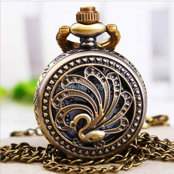 

Vintage antique bronze Hollow out peacock pattern quartz pocket watches Pendant necklace gift wolesale