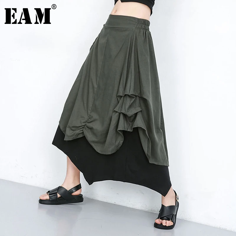 

[EAM] 2019 New Spring Summer High Elastic Waist Hit Color Green Pleated Spit Irreguar Half-body Skirt Women Fashion JU673