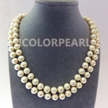 

WEICOLOR 45-48cm Two-row 9-10mm White Nearround Natural Freshwater Pearl Necklace . Nice Gift For Ladies!Contact for Longer!