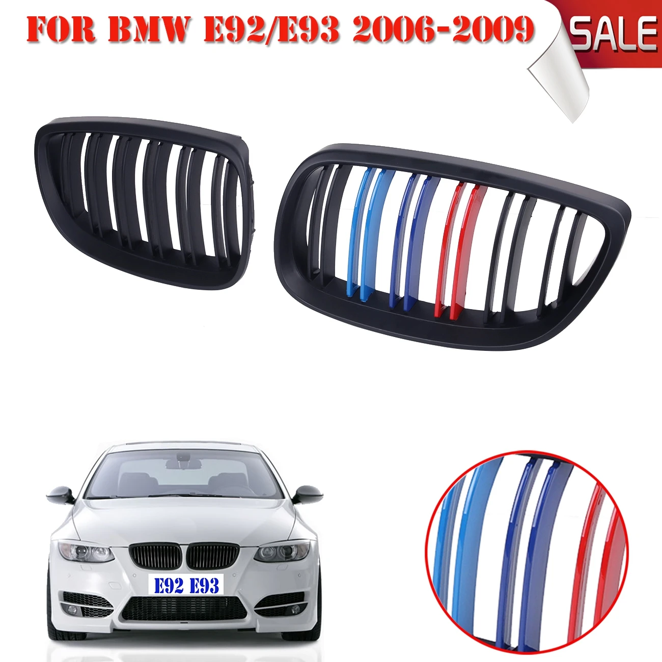 1Pair Car Grill Double Line Black M color Front Grille Grilles For BMW