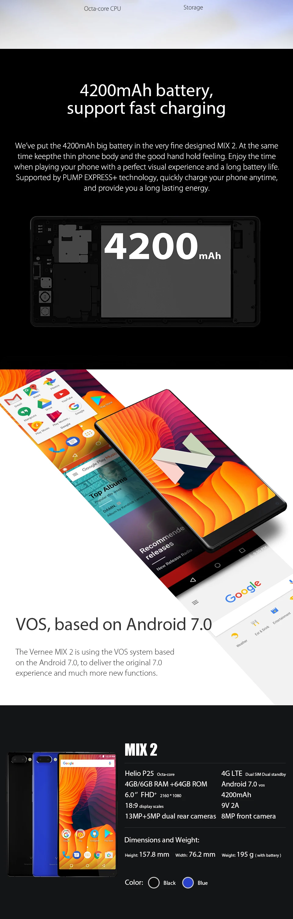 Vernee Mix 2 6,0 "18:9 полный Экран смартфон 4 г Оперативная память 64 г Встроенная память P25 Восьмиядерный 13MP двойной сзади объектив Android 7,0 отпечатков
