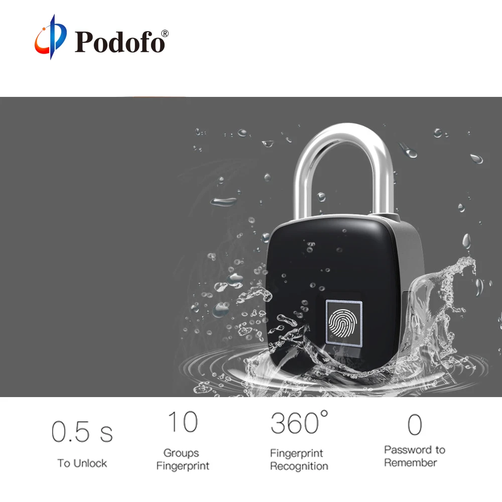 

Podofo IP65 USB Rechargeable Smart Keyless Fingerprint Lock Anti-Theft Home Security Electronic Padlock Door Luggage Case Lock