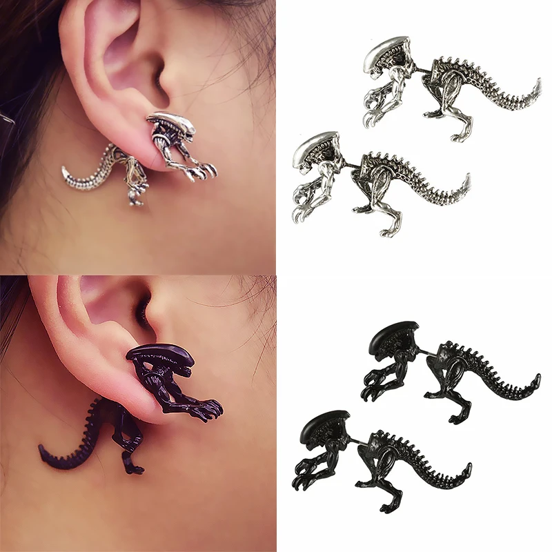 

LNRRABC 1 pair High Quality Silvery Golden Dinosaur Animal Piercing Enamel Women Unisex Hyperbole Stud Earrings