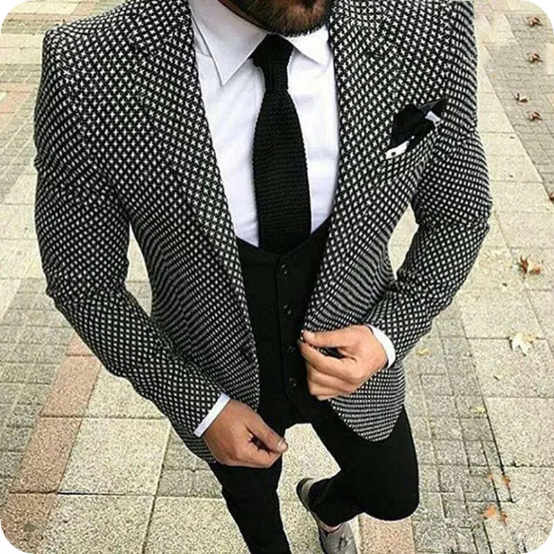 Houndstooth Men Suits For Wedding Black And White Plaid Morning Dinner Custom Slim Fit Casual Tuxedo Ternos Anzug Herren 3Pieces houndstooth men suits white
