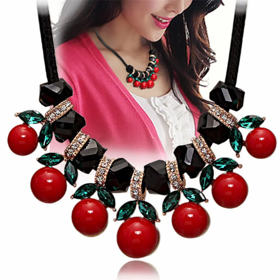 

Big Size Red Cherry Necklace Pendant Jewelry Hand Made Woman Clavicle Sweater Necklace Accessories Jewelry Crystal Necklace Gift
